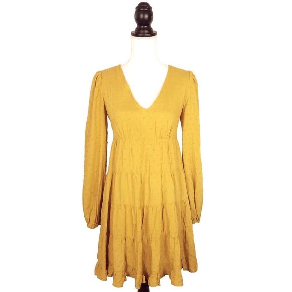 Urban Outfitters Boho Tiered Mini Dress Swiss Dot Mustard Yellow Size XS - Picture 1 of 6